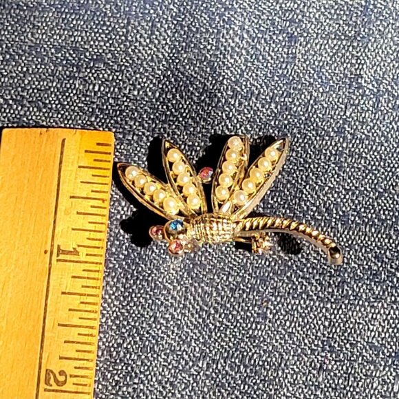 Gold-Tone Dragonfly Brooch With Faux Pearls & Multi-Color Rhinestones Elegant Je - Picture 8 of 8